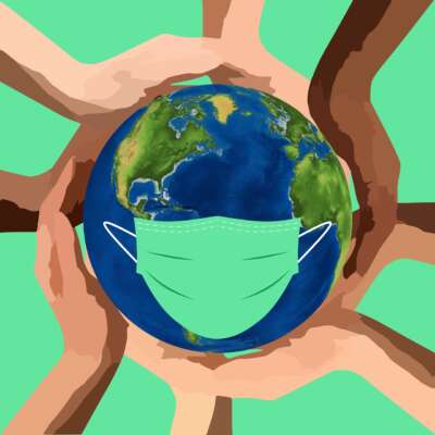 Covid masked globe and hands illustration