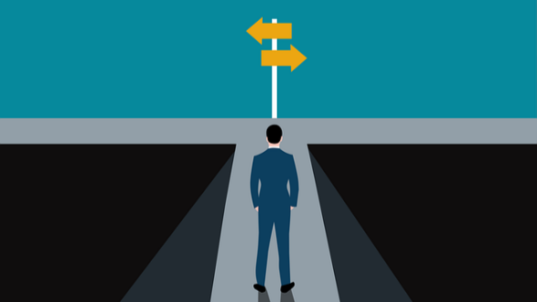 Cartoon man in suit with a fork in the road with yellow arrows pointing to different directions