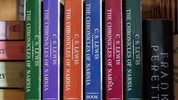 Green, purple, orange, blue, red, dark green and black books lined up against each other: The Chronicles of Narnia